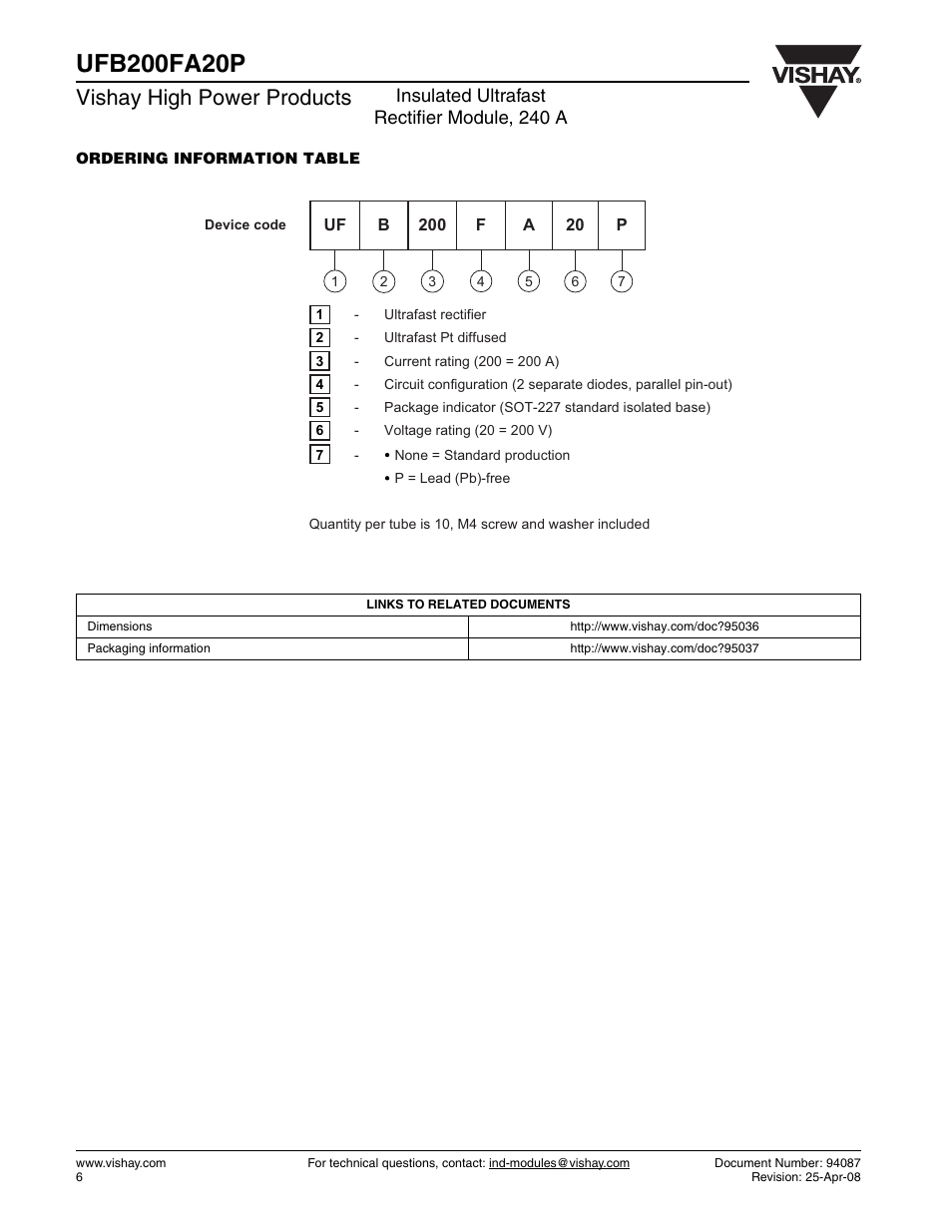 Vishay high power products, Insulated ultrafast rectifier module, 240 a | C&H Technology UFB200FA20P User Manual | Page 7 / 8