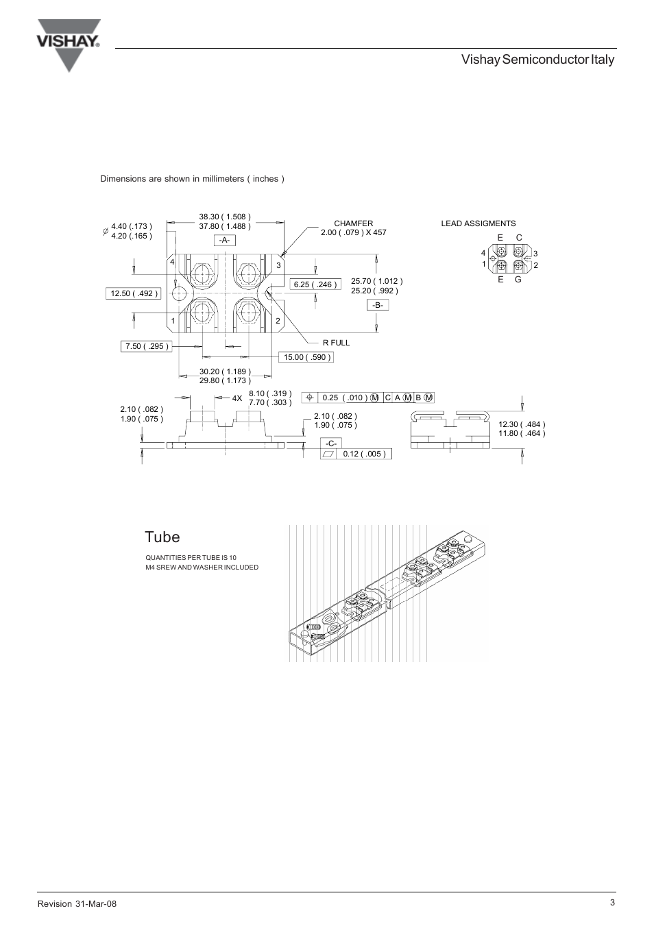 Tube, Vishay semiconductor italy, Ordering information table | Sot-227 package details | C&H Technology GB75DA120UP User Manual | Page 8 / 11