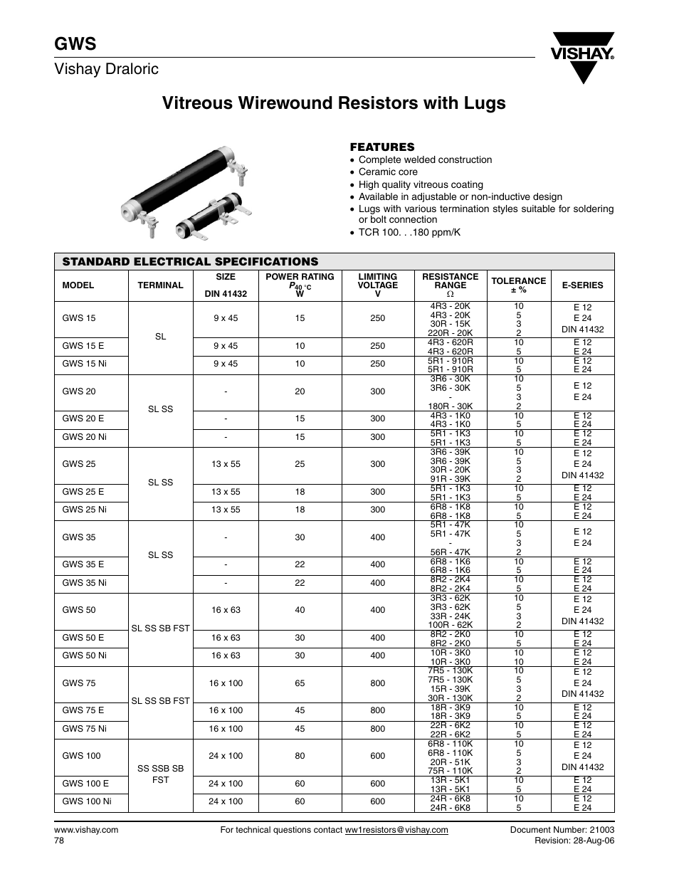 Vitreous wirewound resistors with lugs gws, Vishay draloric | C&H Technology GWS User Manual | Page 2 / 7