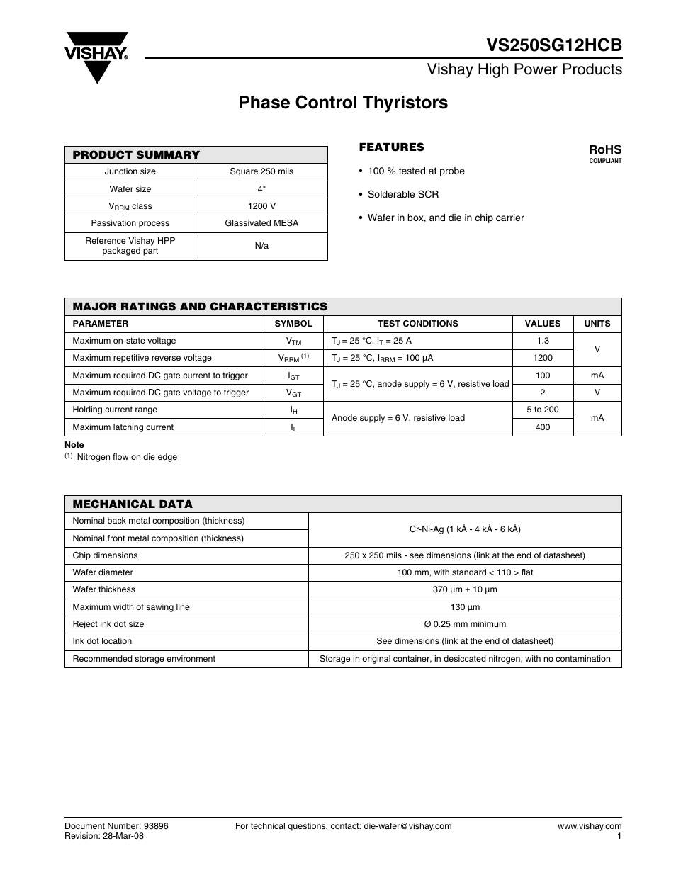 Vishay high power products, Rohs | C&H Technology VS250SG12HCB User Manual | Page 2 / 3