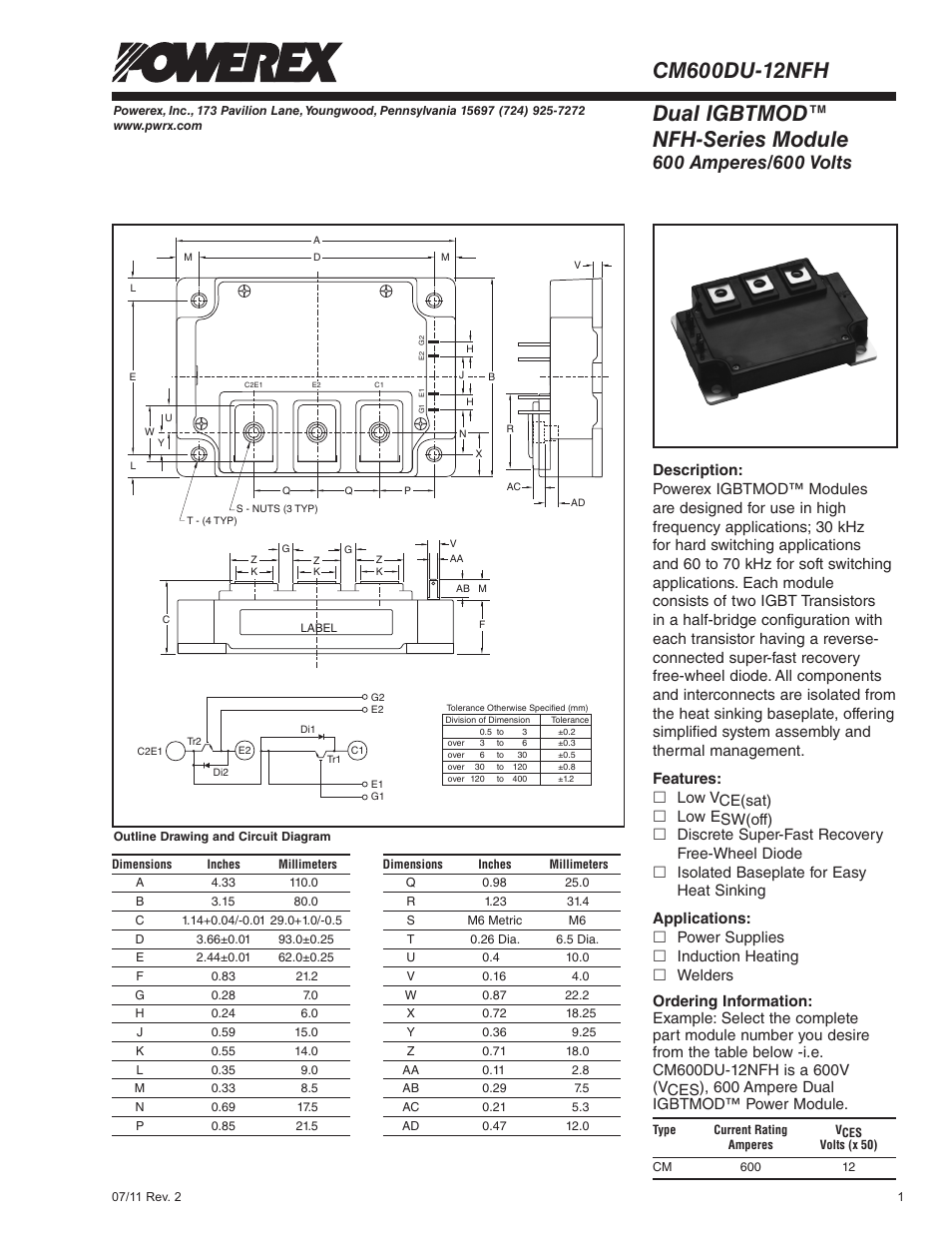Dual igbtmod™ nfh-series module | C&H Technology CM600DU-12NFH User Manual | Page 2 / 7