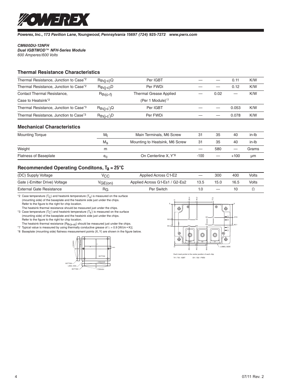 Thermal resistance characteristics, Mechanical characteristics, Recommended operating conditons, ta = 25°c | C&H Technology CM600DU-12NFH User Manual | Page 5 / 7