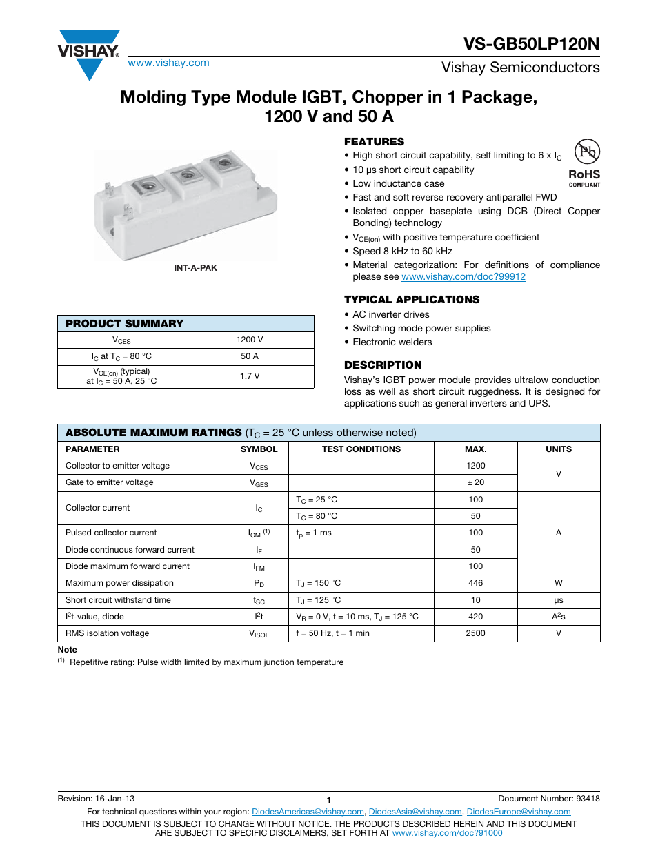 Vishay semiconductors | C&H Technology VS-GB50LP120N User Manual | Page 2 / 7