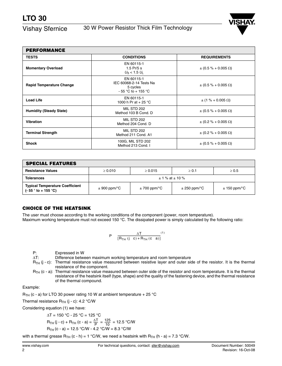 Lto 30, Vishay sfernice, 30 w power resistor thick film technology | C&H Technology LTO30 User Manual | Page 3 / 5