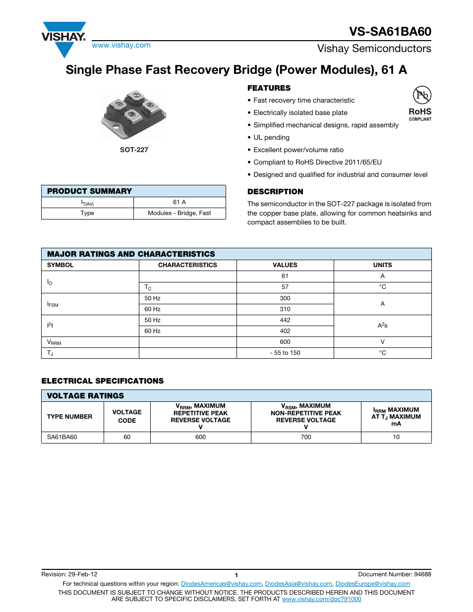 Datasheet, Vs-sa61ba60, Vishay semiconductors | C&H Technology VS-SA61BA60 User Manual | Page 2 / 8