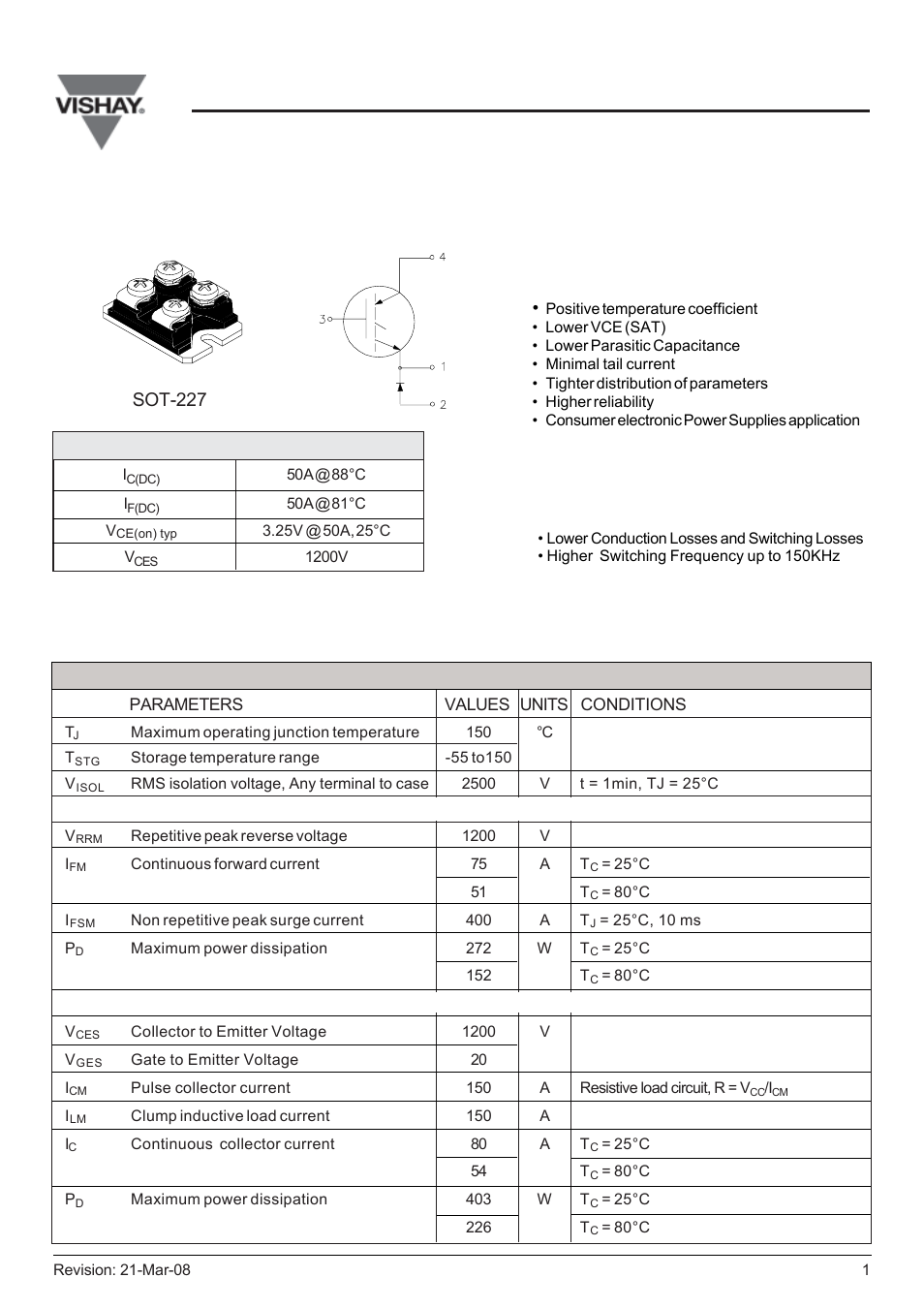 Sot 227 ultrafast, High side chopper vishay semiconductor italy | C&H Technology GB50NA120UX User Manual | Page 2 / 6