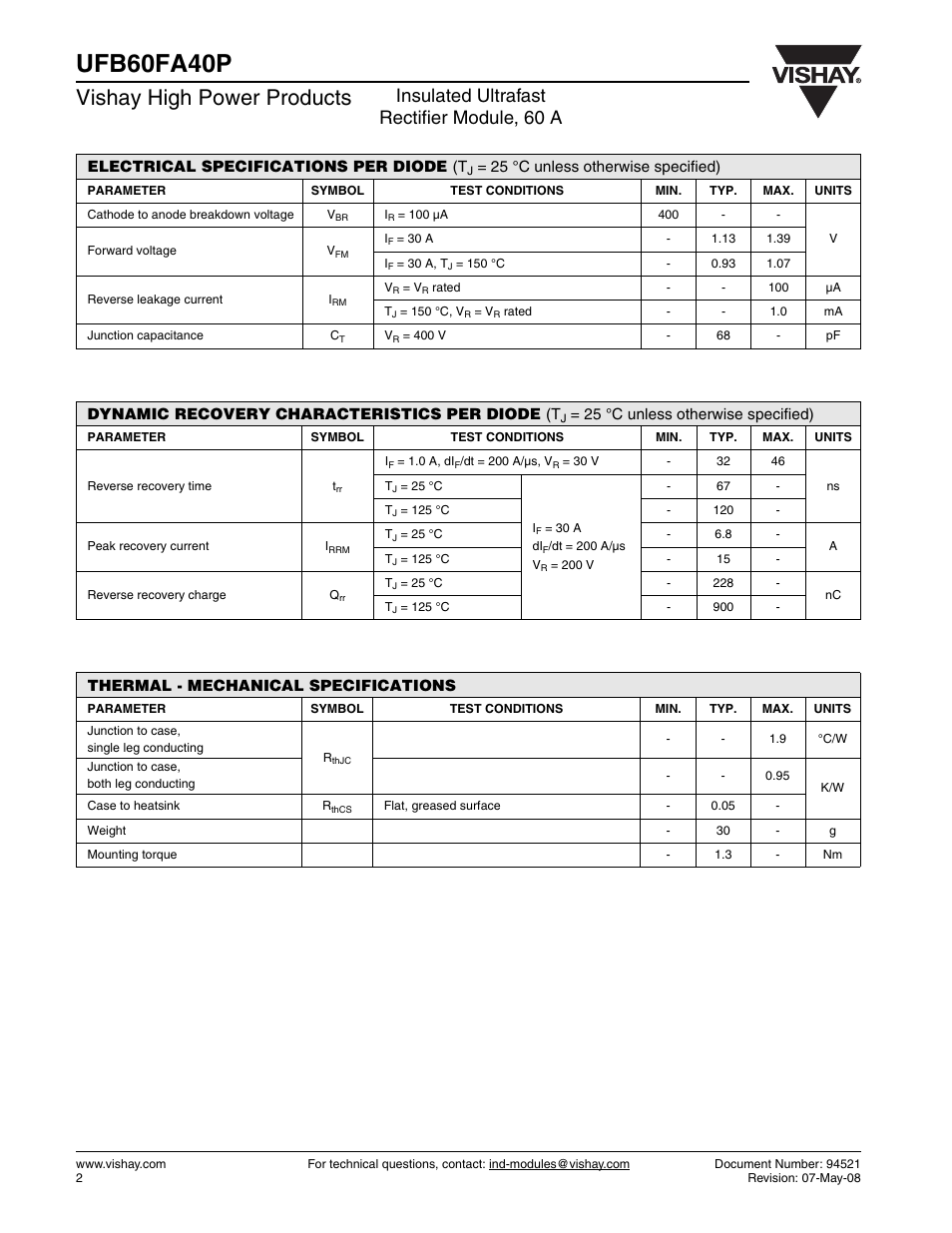 Ufb60fa40p, Vishay high power products, Insulated ultrafast rectifier module, 60 a | C&H Technology UFB60FA40P User Manual | Page 3 / 8