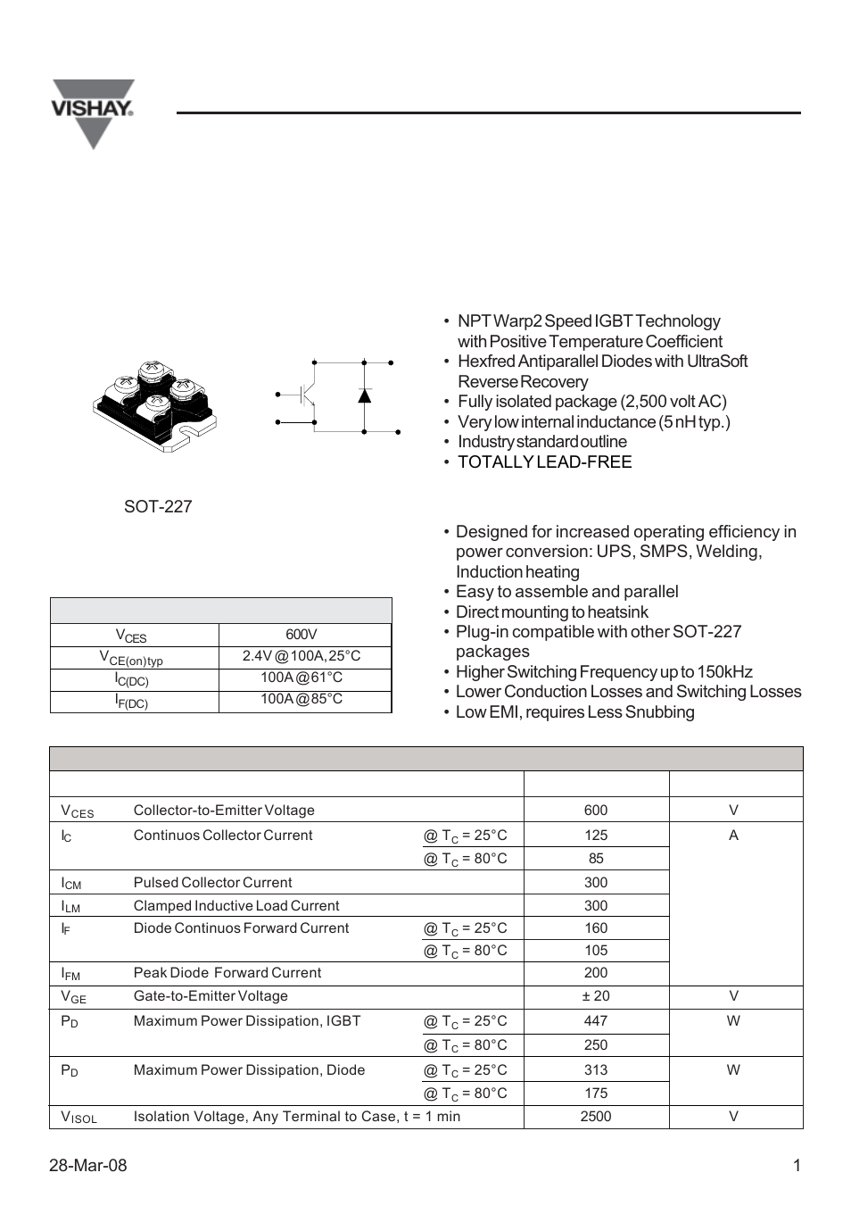 Iinsulated gate bipolar transistor, Warp2 speed igbt vishay semiconductor italy | C&H Technology GB100DA60UP User Manual | Page 2 / 6