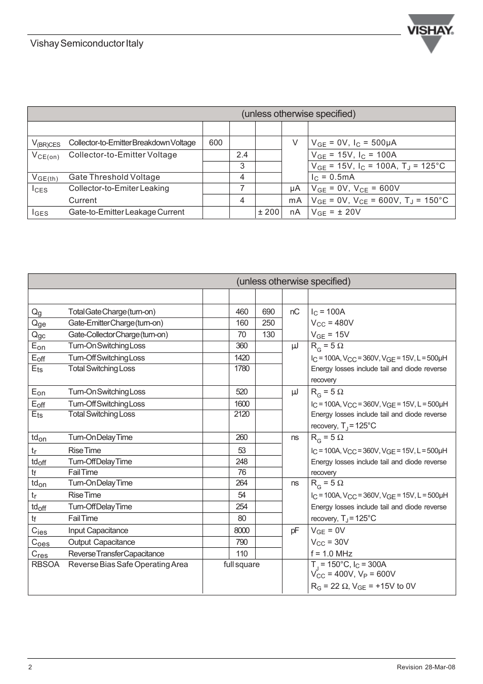 Vishay semiconductor italy, Electrical characteristics @ t, 25°c (unless otherwise specified) | Switching characteristics @ t | C&H Technology GB100DA60UP User Manual | Page 3 / 6