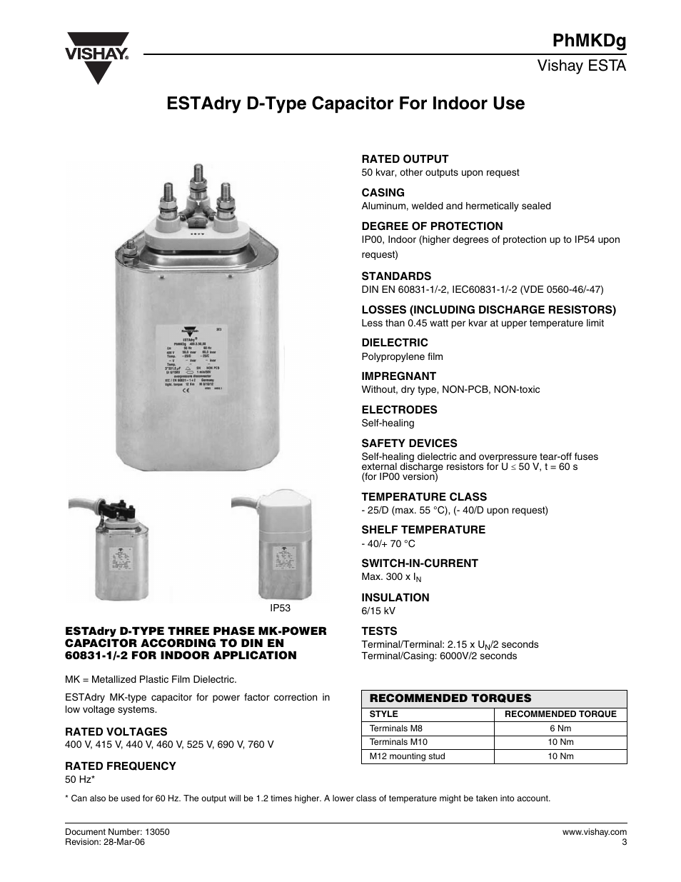 Phmkdg, Estadry d-type capacitor for indoor use, Vishay esta | C&H Technology PhMKDg User Manual | Page 2 / 3