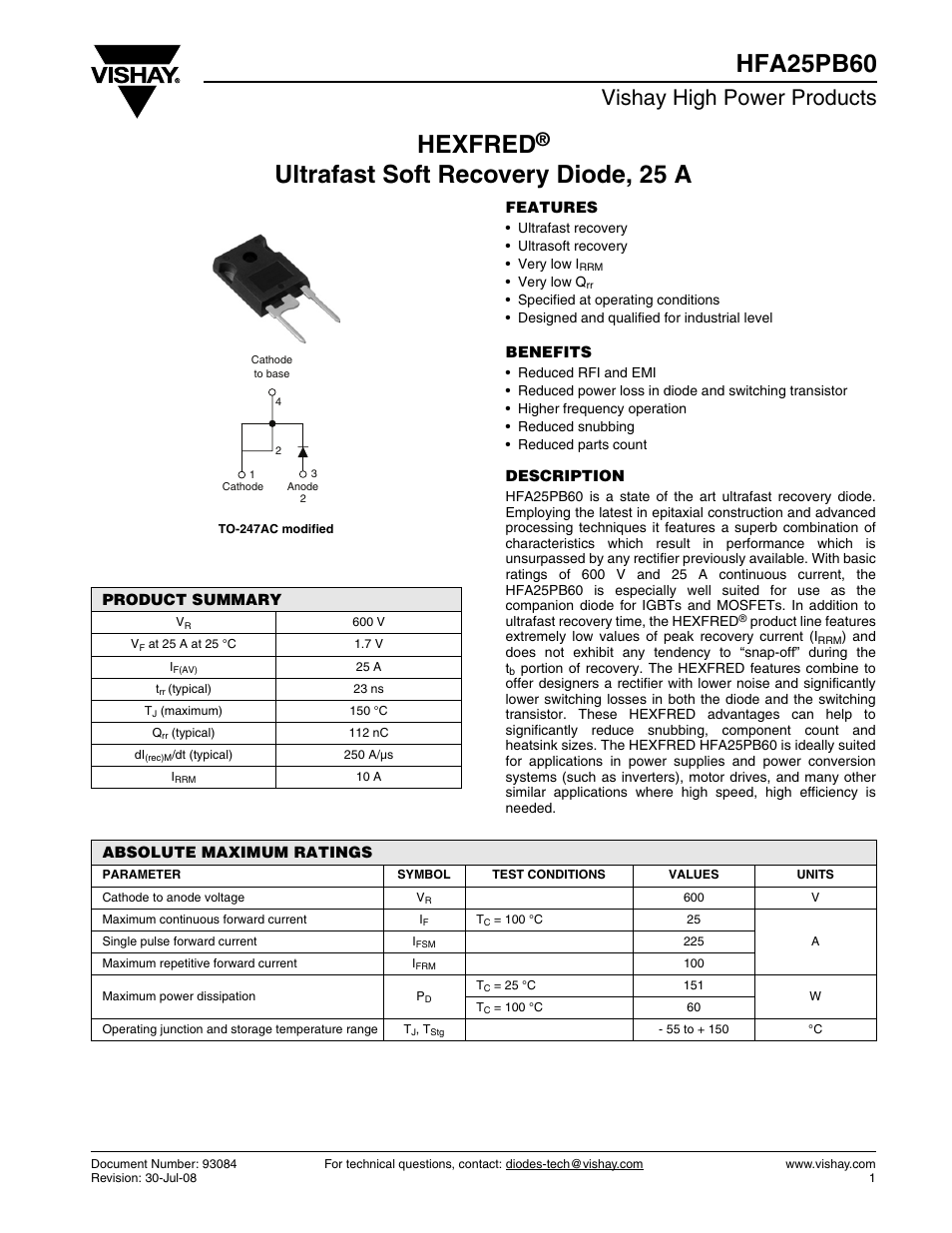 Vishay HFA25PB60 User Manual | 7 pages