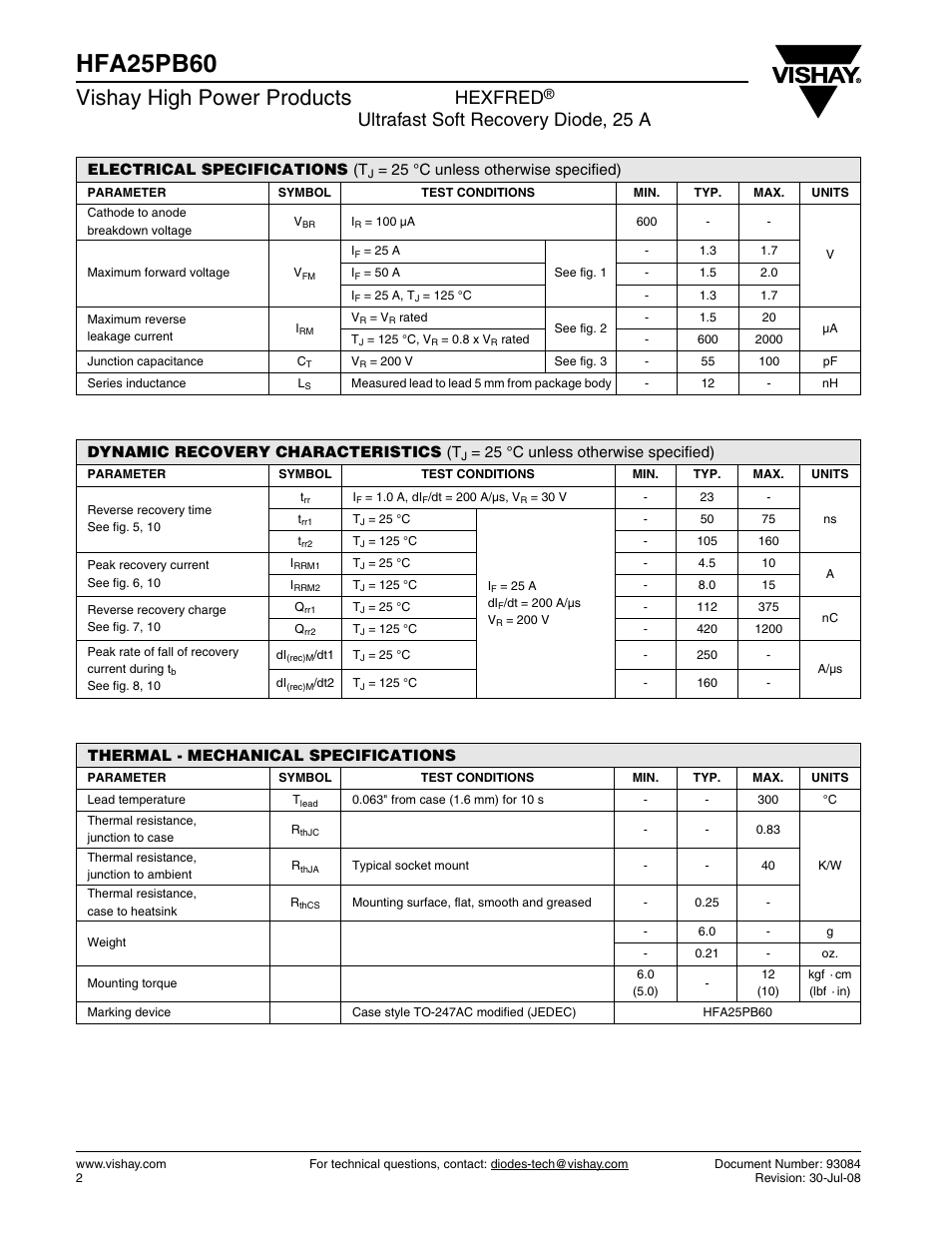 Hfa25pb60, Vishay high power products, Hexfred | Ultrafast soft recovery diode, 25 a | Vishay HFA25PB60 User Manual | Page 2 / 7
