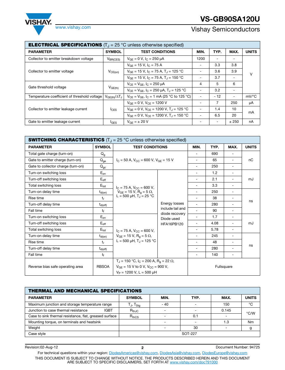 Vishay semiconductors, Electrical specifications (t, 25 °c unless otherwise specified) | Switching characteristics (t, Thermal and mechanical specifications | C&H Technology VS-GB90SA120U User Manual | Page 3 / 9