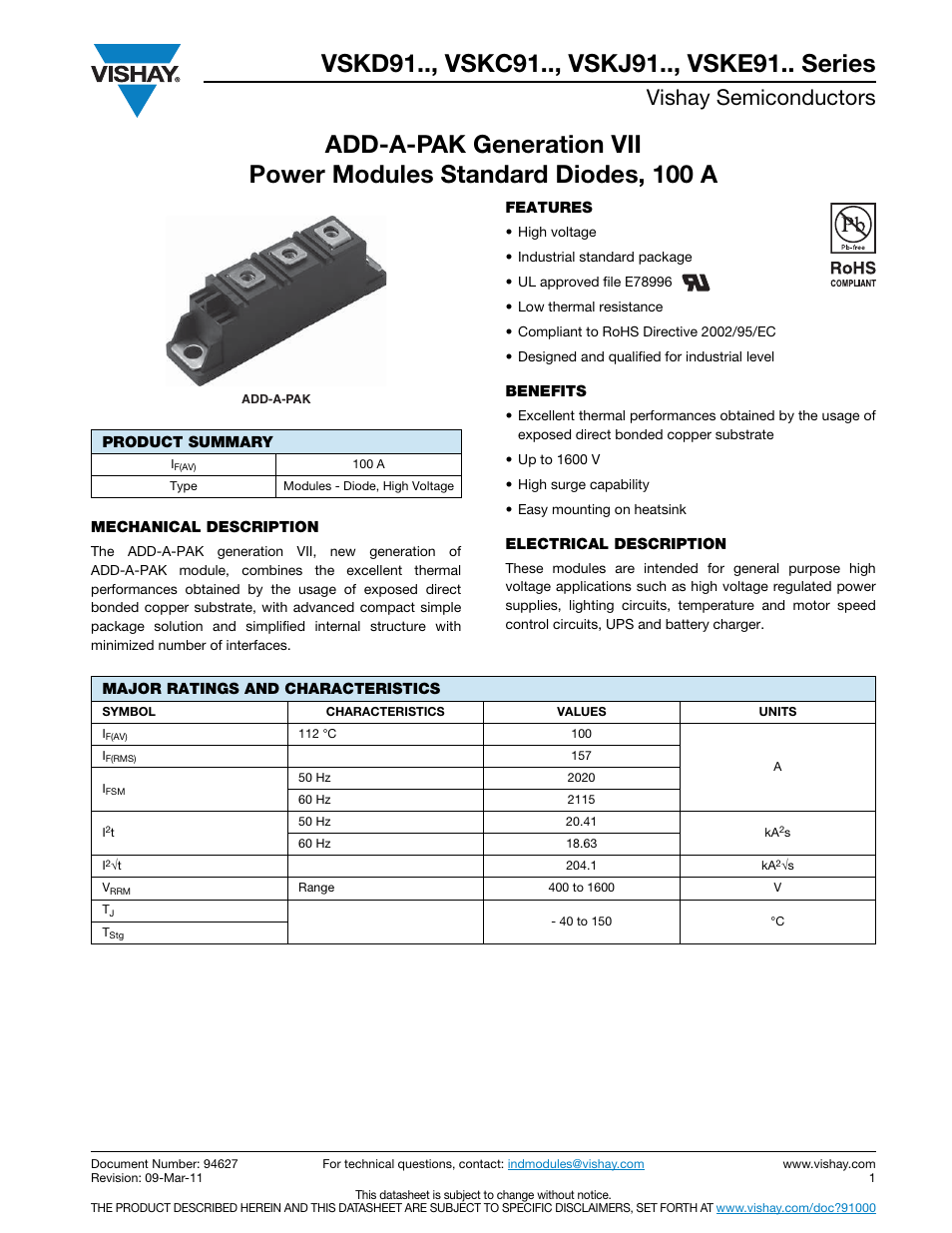 Datasheet, Vishay semiconductors | C&H Technology VSKE91.. Series User Manual | Page 2 / 12