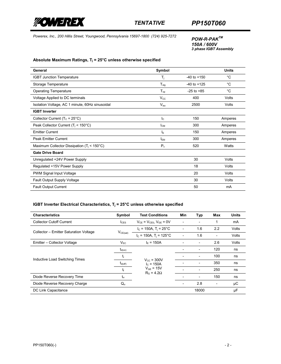 Igbt inverter, Gate drive board, Tentative | Pow-r-pak | C&H Technology PP150T060 User Manual | Page 3 / 7