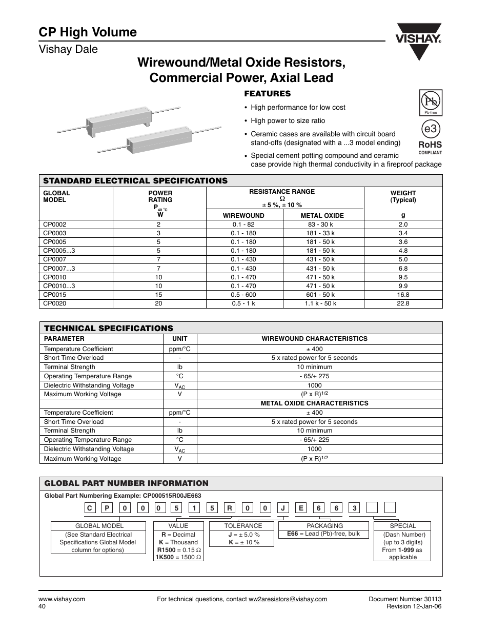 Cp high volume, Vishay dale, Rohs | C&H Technology CP-High-Volume User Manual | Page 2 / 3