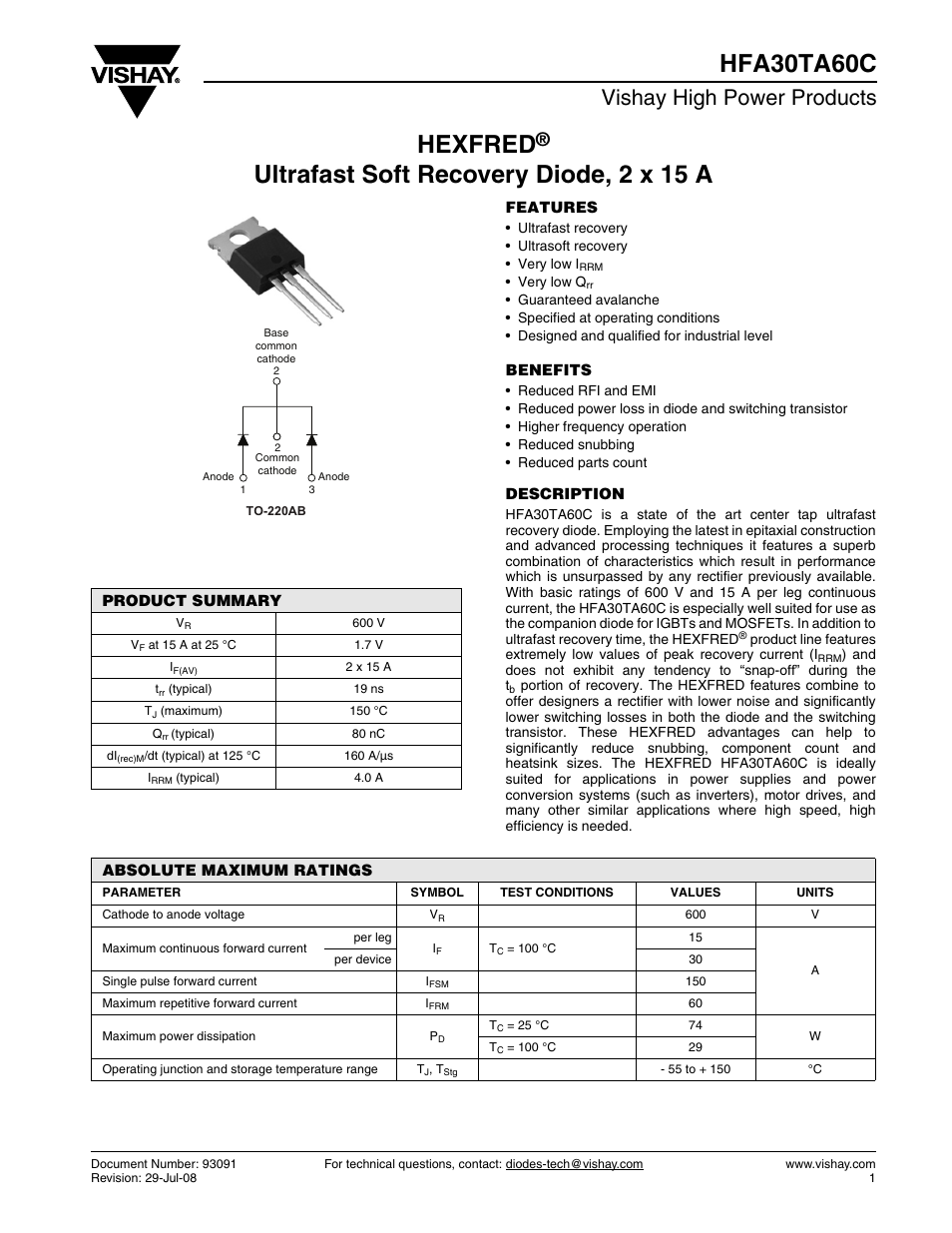 Vishay HFA30TA60C User Manual | 6 pages