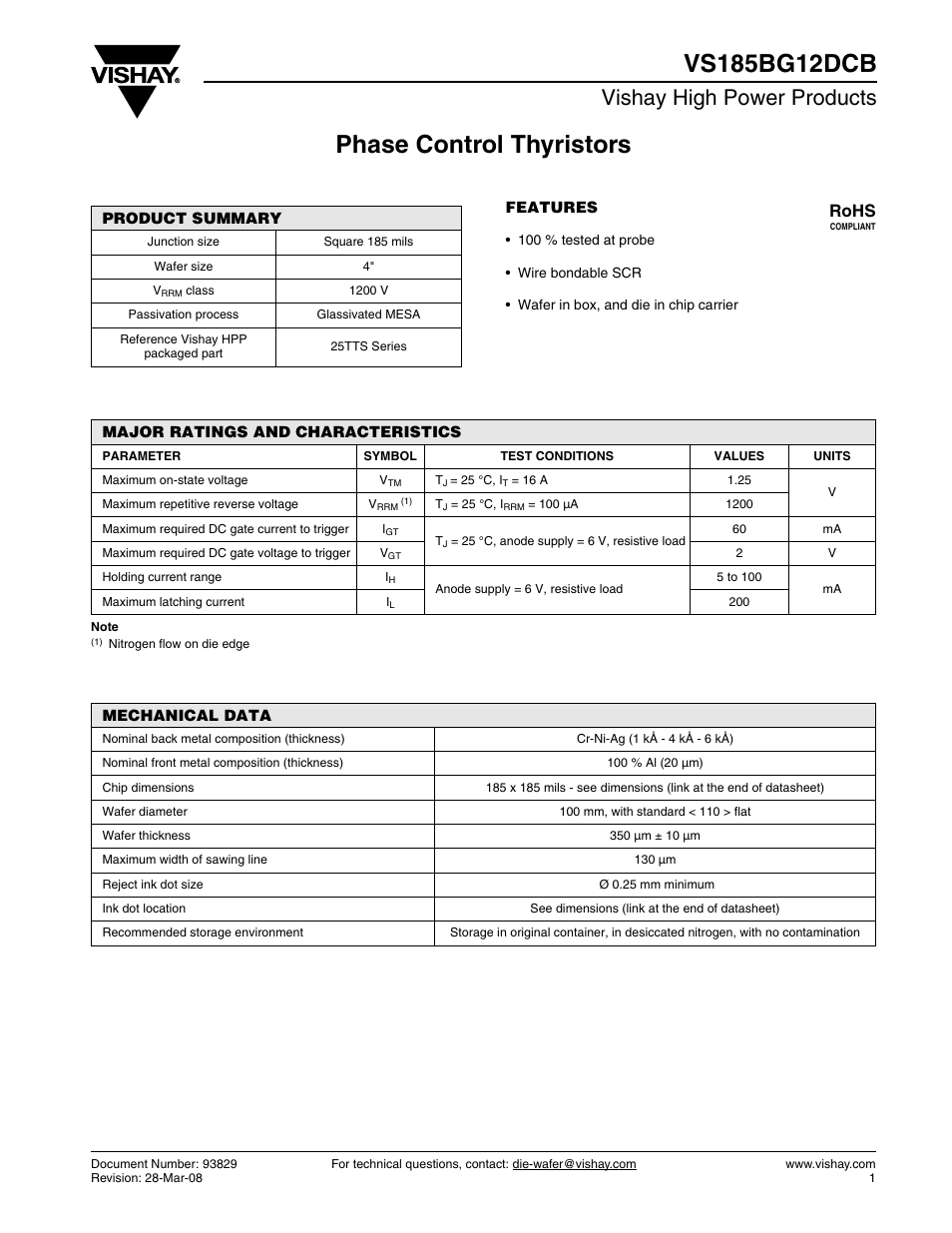 Vishay high power products, Rohs | C&H Technology VS185BG12DCB User Manual | Page 2 / 3