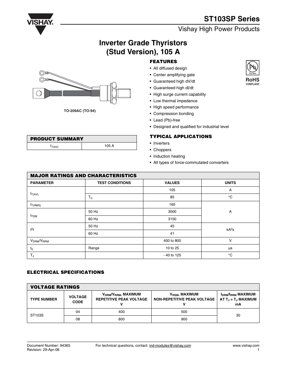 Vishay high power products, Rohs | C&H Technology ST103SP Series User Manual | Page 2 / 9