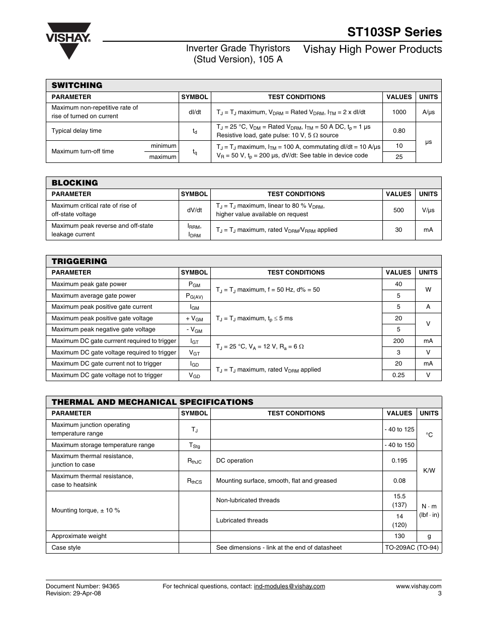 St103sp series, Vishay high power products, Inverter grade thyristors (stud version), 105 a | C&H Technology ST103SP Series User Manual | Page 4 / 9