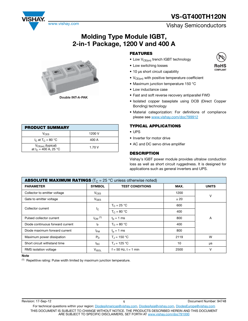 Vishay semiconductors | C&H Technology VS-GT400TH120N User Manual | Page 2 / 7