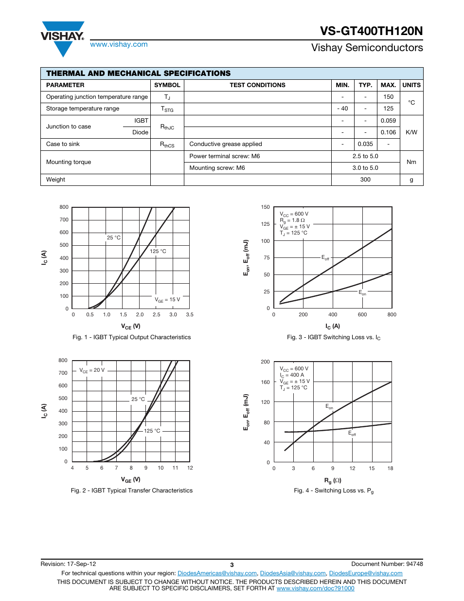 Vishay semiconductors, Thermal and mechanical specifications | C&H Technology VS-GT400TH120N User Manual | Page 4 / 7