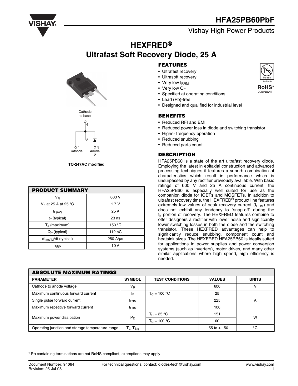 Vishay HFA25PB60PbF User Manual | 7 pages