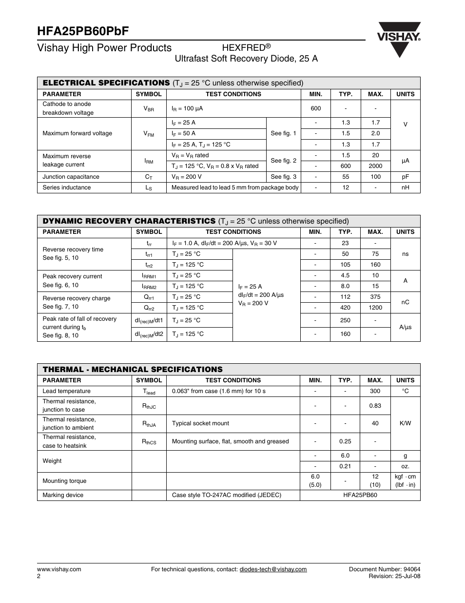 Hfa25pb60pbf, Vishay high power products, Hexfred | Ultrafast soft recovery diode, 25 a | Vishay HFA25PB60PbF User Manual | Page 2 / 7