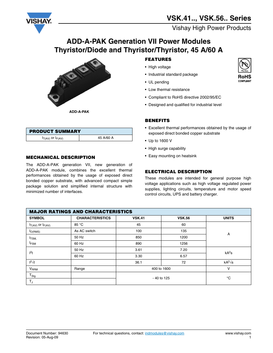 Datasheet, Vishay high power products | C&H Technology VSK.56.. Series User Manual | Page 2 / 13