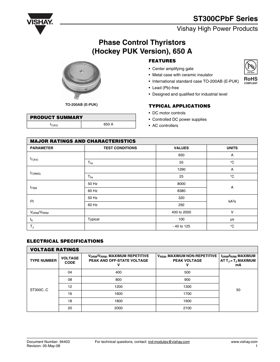 Vishay high power products, Rohs | C&H Technology ST300CPbF Series User Manual | Page 2 / 8