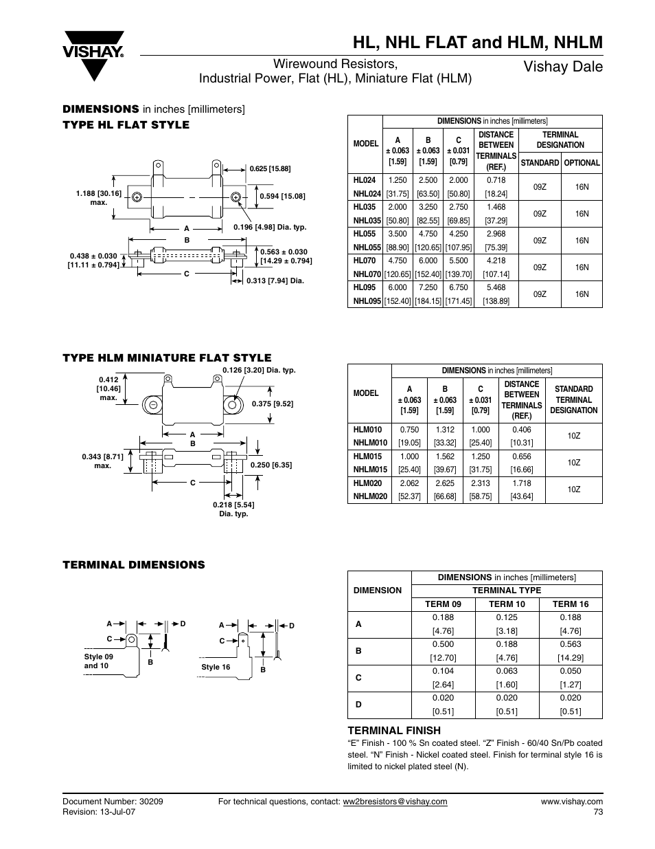 Hl, nhl flat and hlm, nhlm, Vishay dale | C&H Technology NHLM User Manual | Page 2 / 5