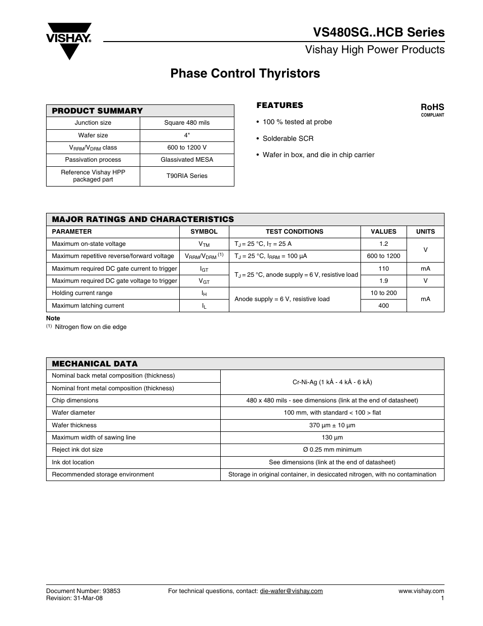 Phase control thyristors vs480sg..hcb series, Vishay high power products, Rohs | C&H Technology VS480SG..HCB Series User Manual | Page 2 / 3