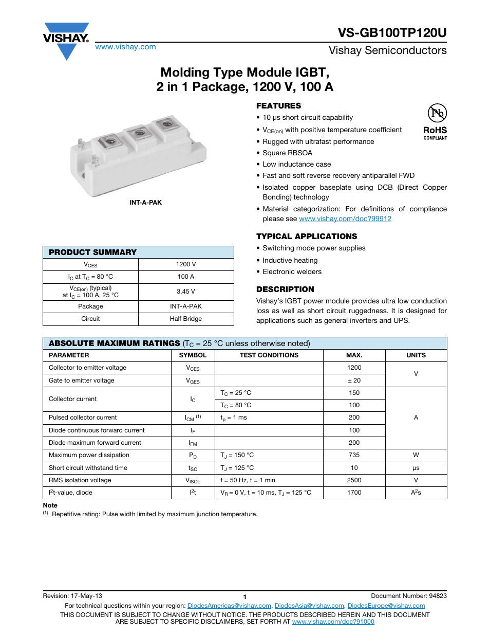 Vishay semiconductors | C&H Technology VS-GB100TP120U User Manual | Page 2 / 7