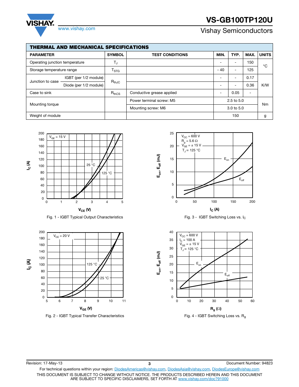 Vishay semiconductors, Thermal and mechanical specifications | C&H Technology VS-GB100TP120U User Manual | Page 4 / 7