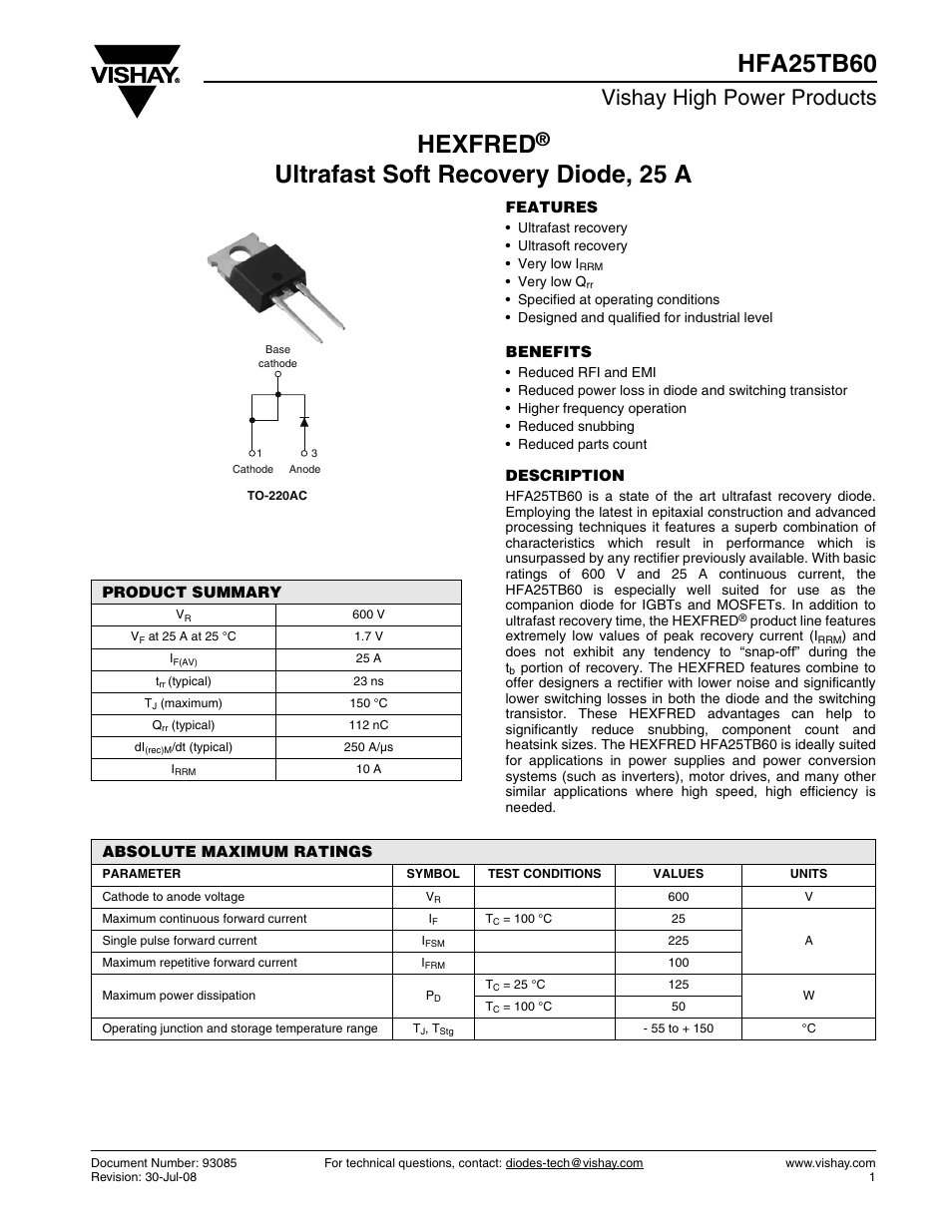 Vishay HFA25TB60 User Manual | 6 pages