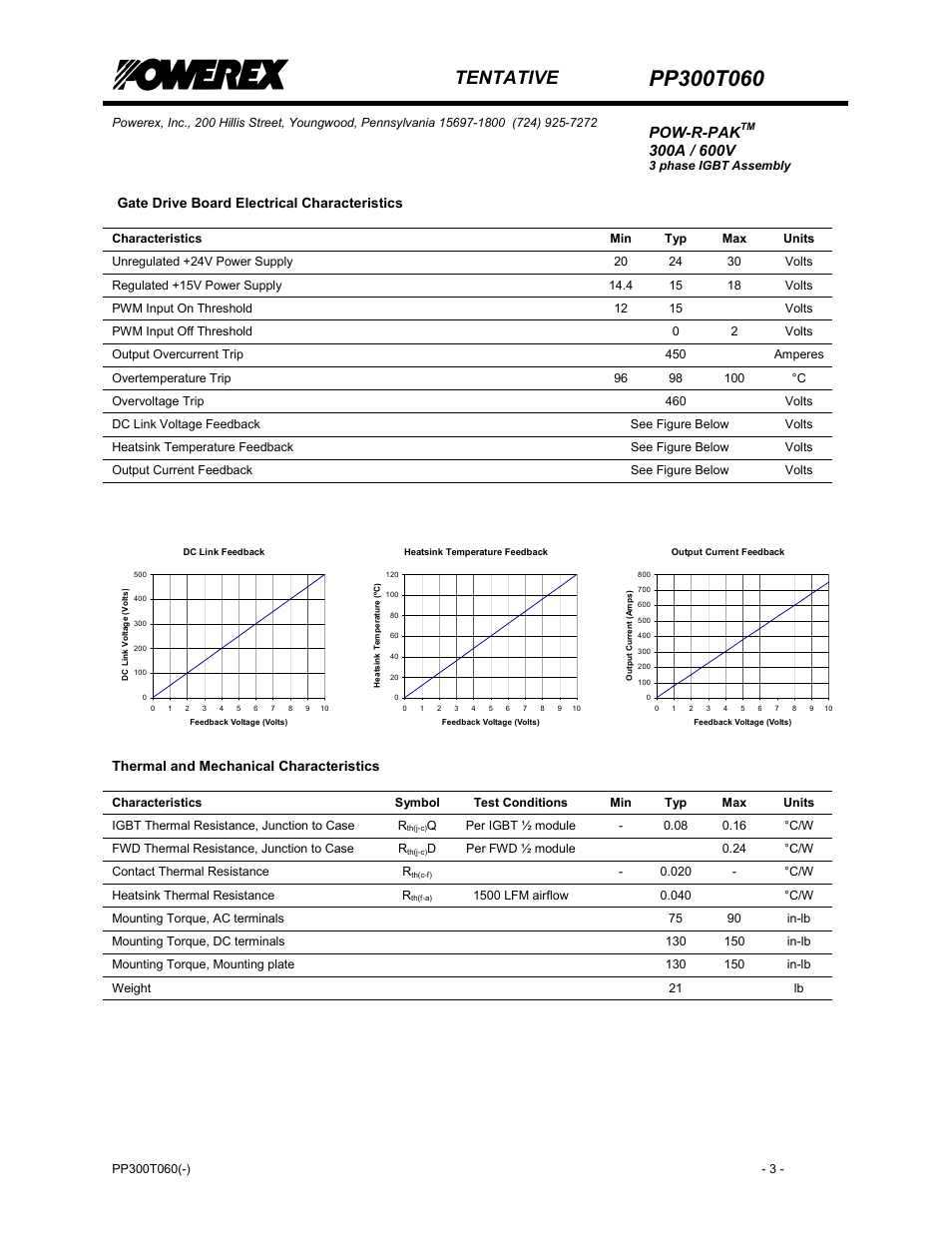 Tentative, Pow-r-pak, Gate drive board electrical characteristics | Thermal and mechanical characteristics | C&H Technology PP300T060 User Manual | Page 4 / 8