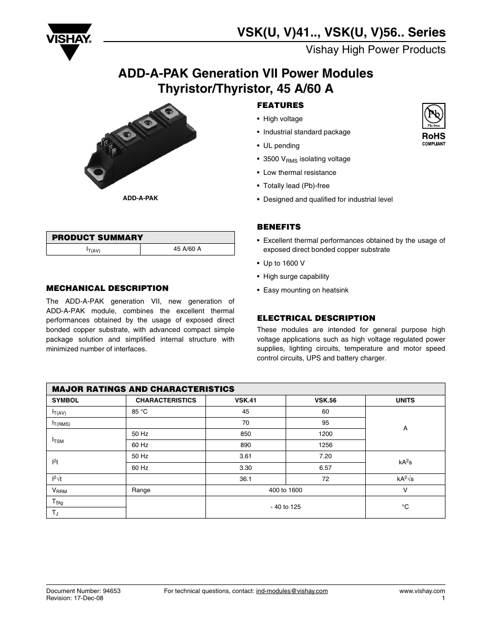 Main datasheet, Vishay high power products | C&H Technology VSK(U, V)56.. Series User Manual | Page 2 / 13