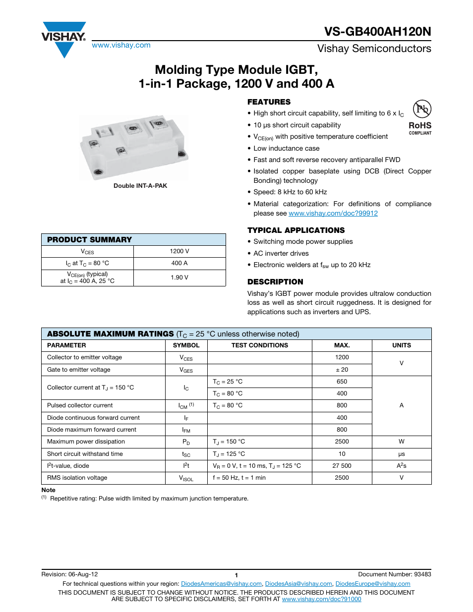 Vishay semiconductors | C&H Technology VS-GB400AH120N User Manual | Page 2 / 7