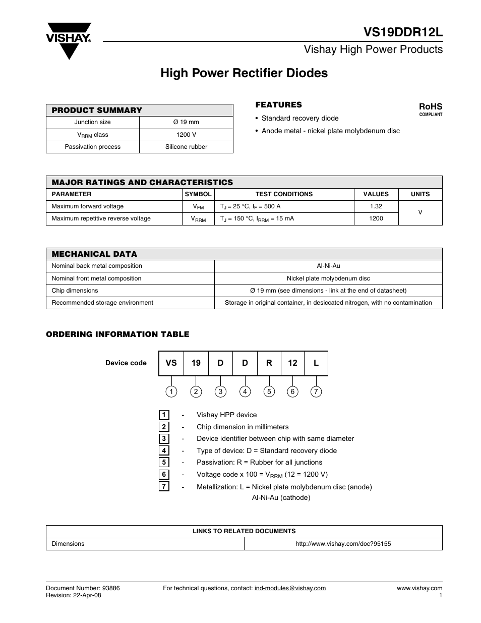 High power rectifier diodes vs19ddr12l, Vishay high power products, Rohs | C&H Technology VS19DDR12L User Manual | Page 2 / 2