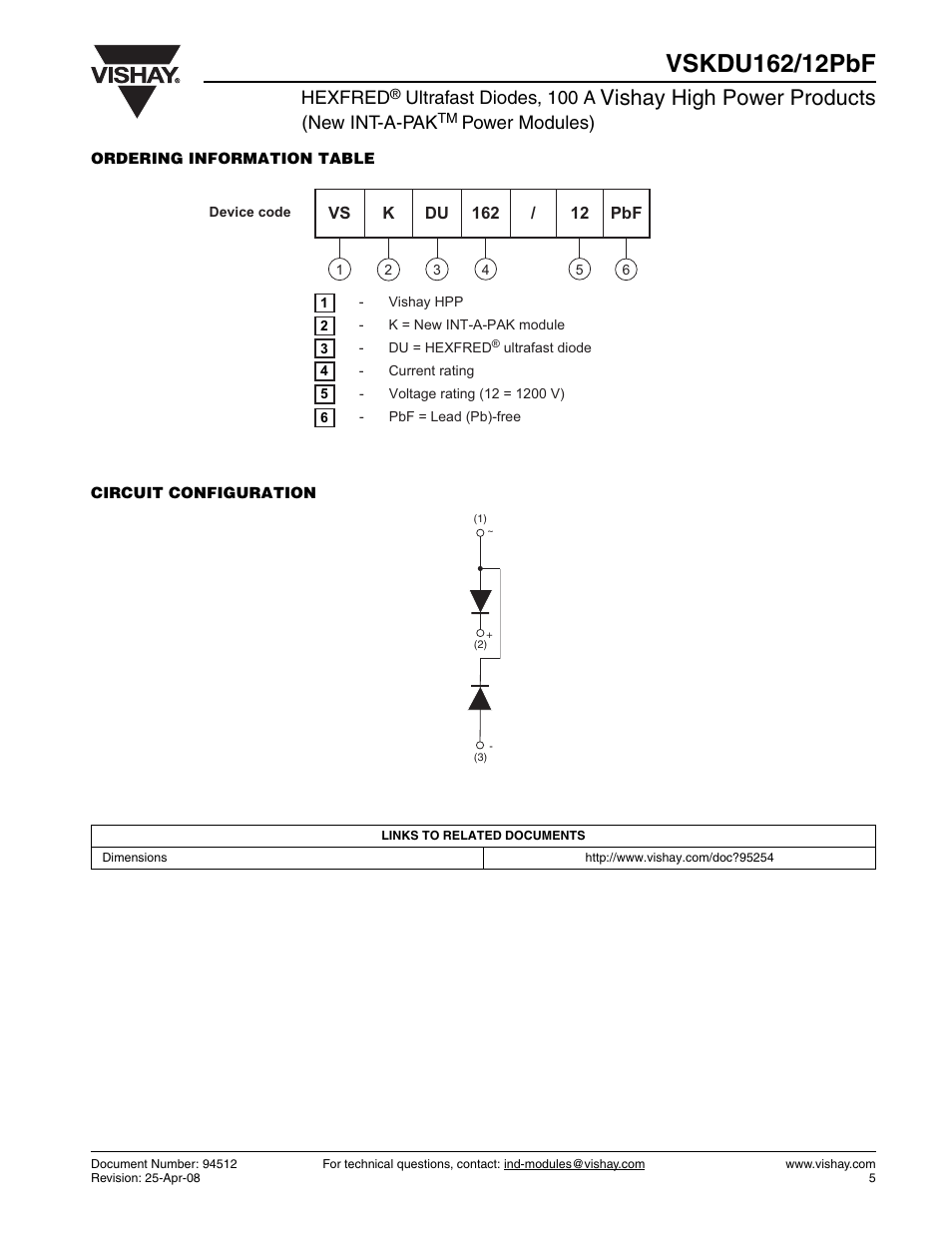 Vishay high power products, Hexfred, Ultrafast diodes, 100 a (new int-a-pak | Power modules) | Vishay VSKDU162-12PbF User Manual | Page 5 / 6