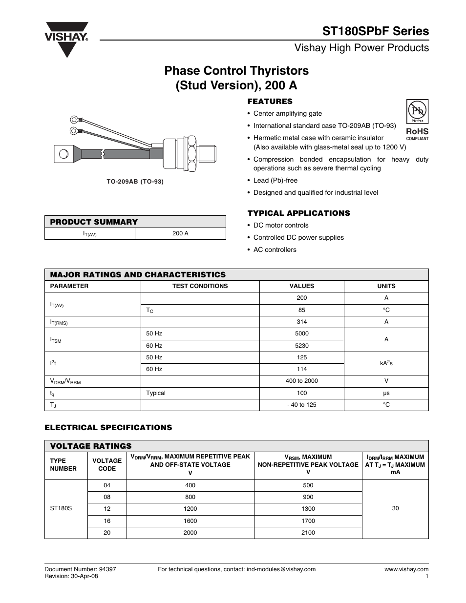 Vishay high power products, Rohs | C&H Technology ST180SPbF Series User Manual | Page 2 / 7