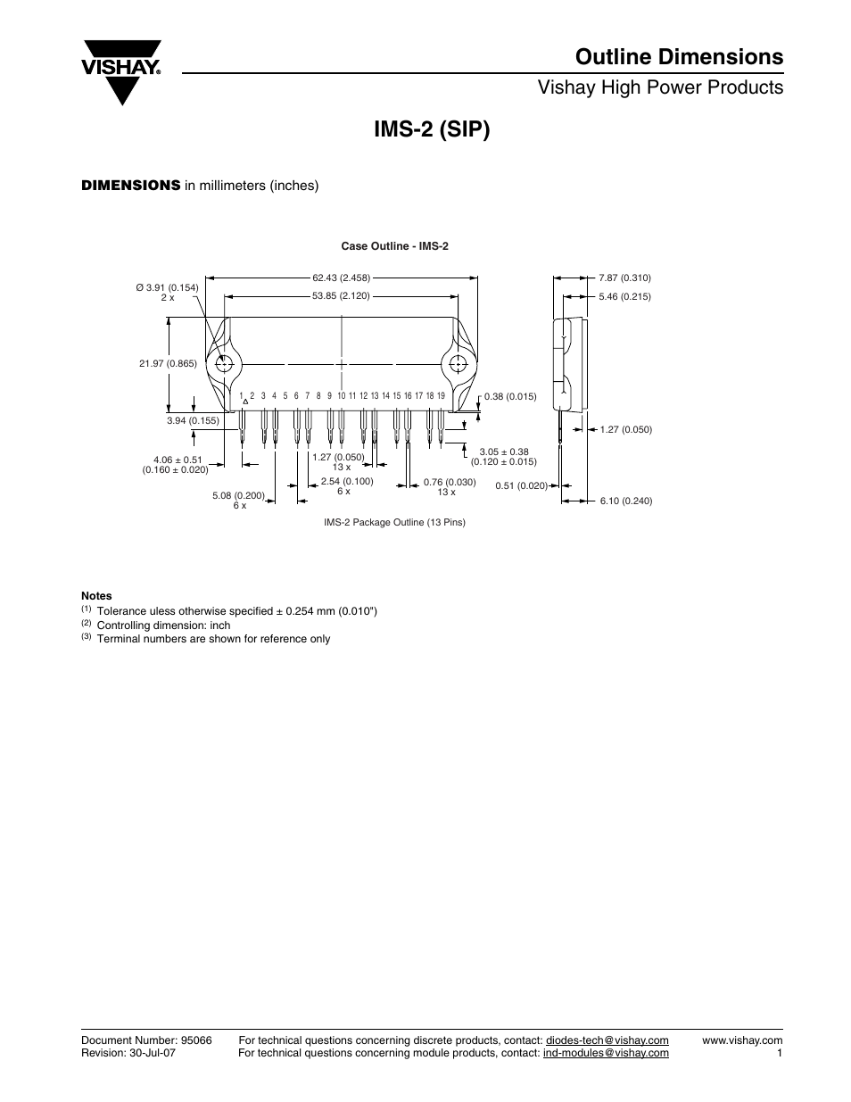 Ims-2 (sip) outline dimensions, Vishay high power products, Dimensions in millimeters (inches) | C&H Technology CPV363M4UPbF User Manual | Page 11 / 12