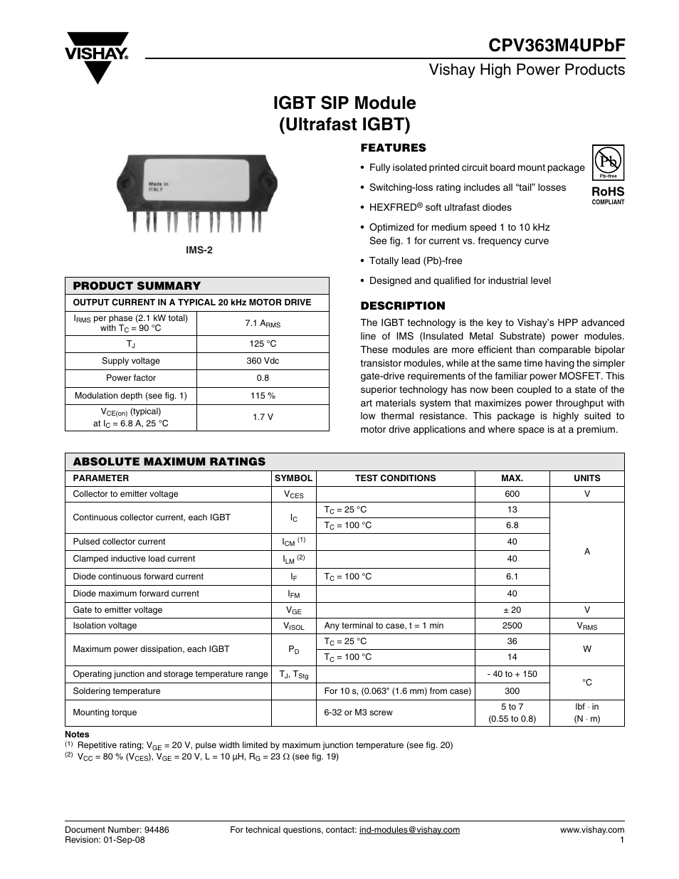 Datasheet, Igbt sip module (ultrafast igbt) cpv363m4upbf, Vishay high power products | Rohs | C&H Technology CPV363M4UPbF User Manual | Page 2 / 12