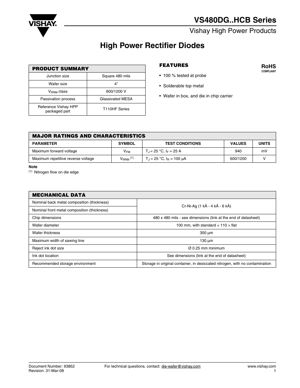 High power rectifier diodes vs480dg..hcb series, Vishay high power products, Rohs | C&H Technology VS480DG..HCB Series User Manual | Page 2 / 3