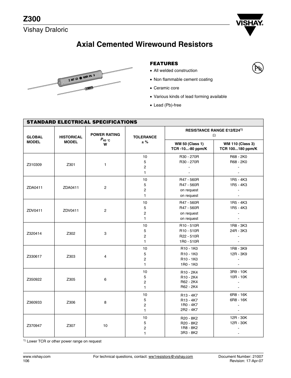 Z300, Axial cemented wirewound resistors, Vishay draloric | C&H Technology Z300 User Manual | Page 2 / 5