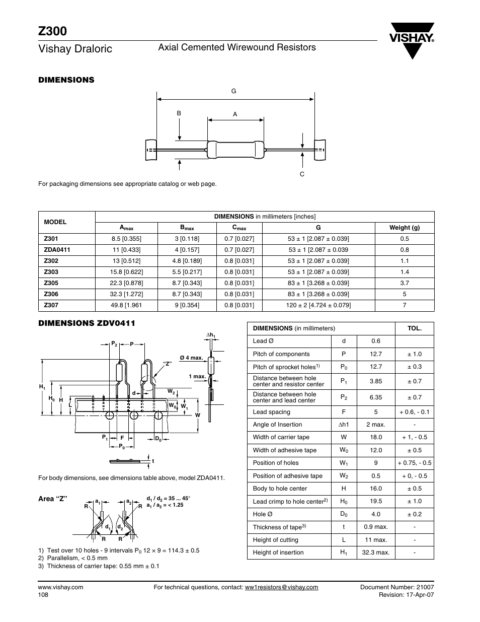 Z300, Vishay draloric, Axial cemented wirewound resistors | Dimensions, Dimensions zdv0411 | C&H Technology Z300 User Manual | Page 4 / 5