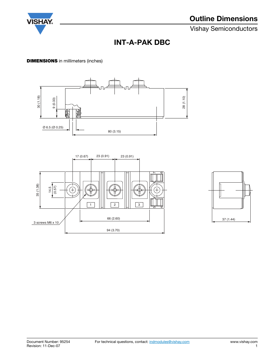 Package drawings - 95254, Int-a-pak dbc outline dimensions, Vishay semiconductors | C&H Technology VSKDU300-06PbF User Manual | Page 7 / 8
