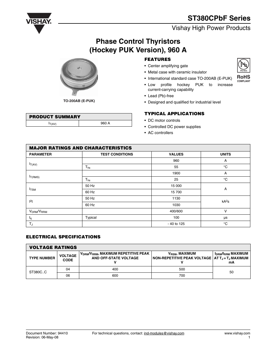 Vishay high power products, Rohs | C&H Technology ST380CPbF Series User Manual | Page 2 / 8