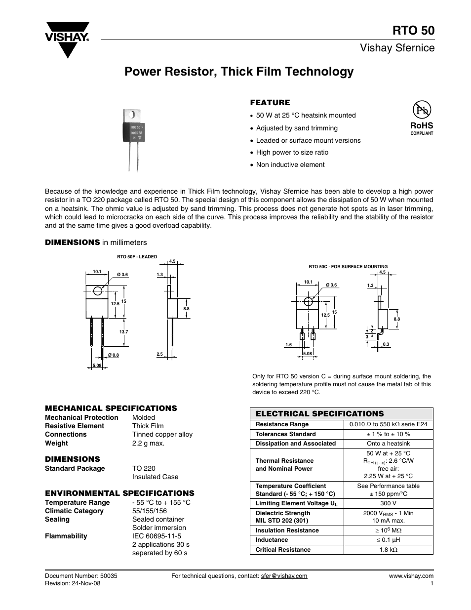 Datasheet, Rto 50, Power resistor, thick film technology | Vishay sfernice, Rohs | C&H Technology RTO50 User Manual | Page 2 / 5