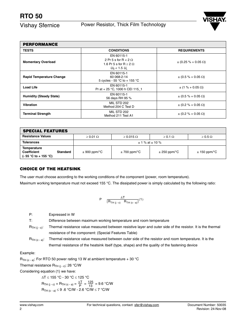 Rto 50, Vishay sfernice, Power resistor, thick film technology | C&H Technology RTO50 User Manual | Page 3 / 5